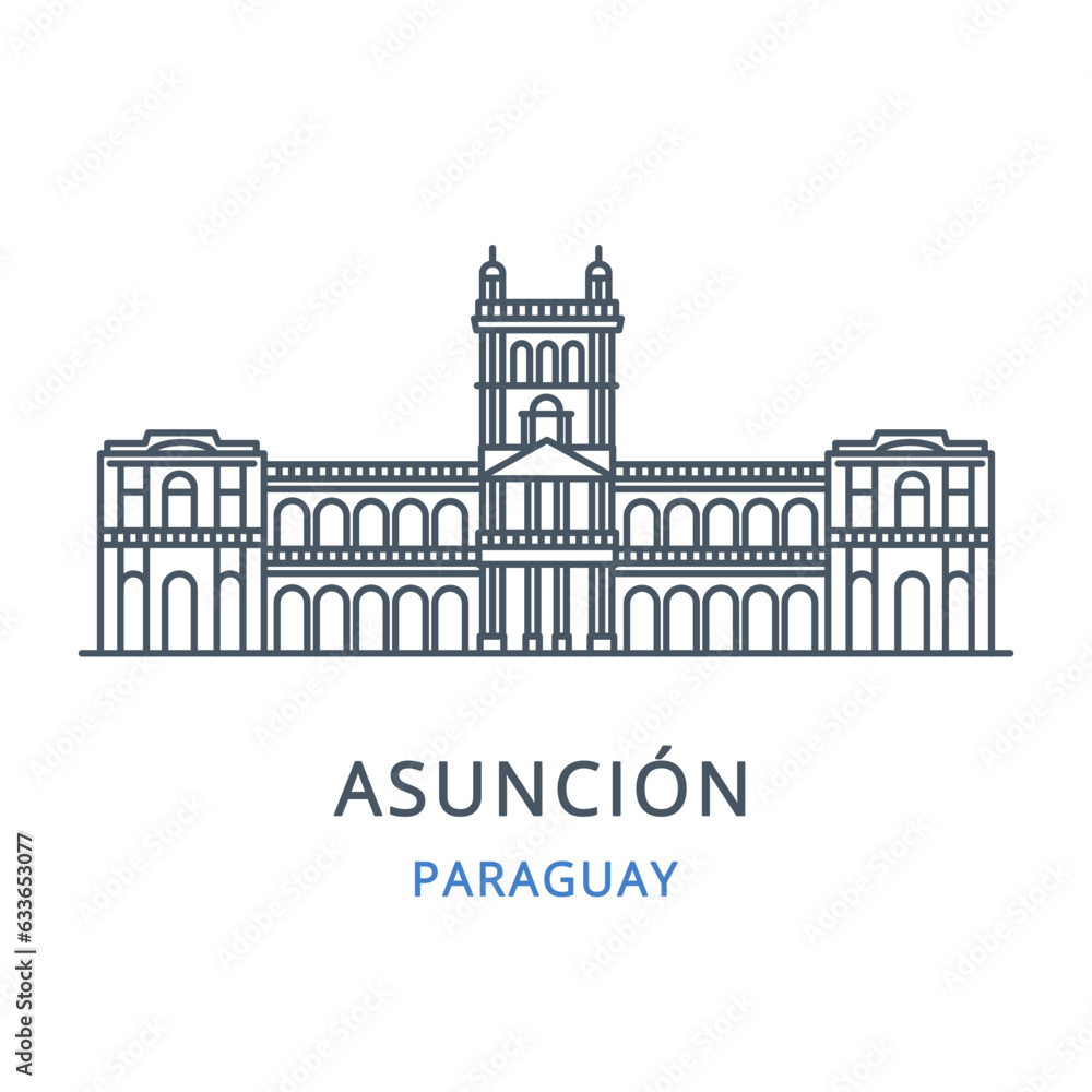 Fototapeta premium Asunción, Paraguay. Vector illustration of Asuncion in the country of Paraguay. Linear icon of the famous, modern city symbol. Cityscape outline line icon of city landmark on a white background. 