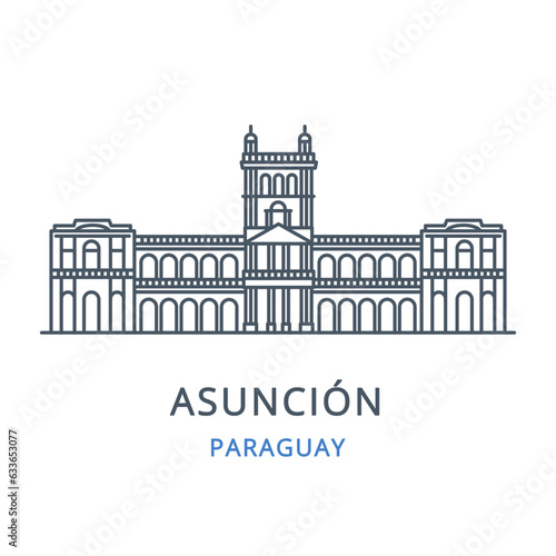 Asunción, Paraguay. Vector illustration of Asuncion in the country of Paraguay. Linear icon of the famous, modern city symbol. Cityscape outline line icon of city landmark on a white background.  

