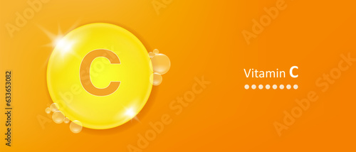 Vitamin C. Vitamin C banner for advertising, health, medical science. Vitamins complex icon. Bubble collagen serum. Beauty treatment skin care design.