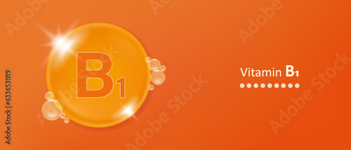 Vitamin B1. Vitamin B1 banner for advertising, health, medical science. Vitamins complex icon. Bubble collagen serum. Beauty treatment skin care design.