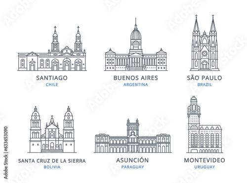 Collection of South America city outline icons with urban landmarks. Linear illustration of modern city symbols by SANTIAGO, BUENOS AIRES, SÃO PAULO, SANTA CRUZ DE LA SIERRA, ASUNCIÓN, MONTEVIDEO.