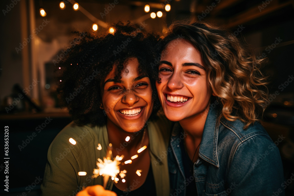 Pair of smiling, fun-loving friends celebrate and have a blast with sparklers and bengal lights in a party-ready studio setting Pair of smiling, fun-loving friends celebrate and have a blast with sparklers and bengal lights in a party-ready studio setting