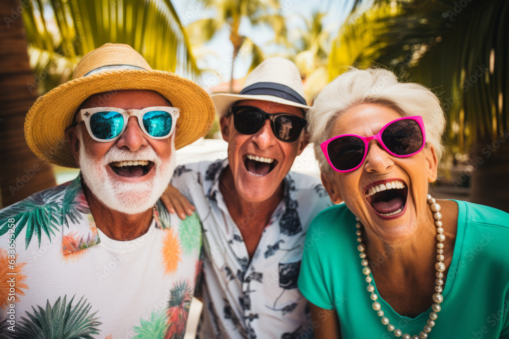 Happy senior friends laughing and having fun on vacation