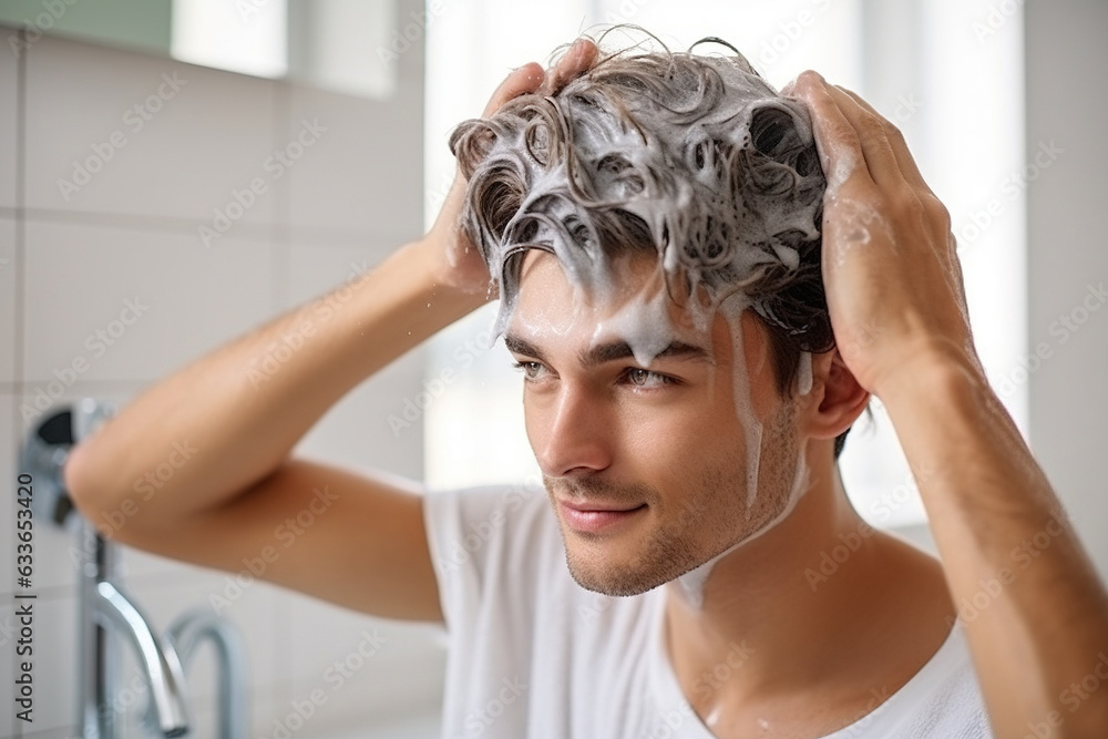 Naklejka premium Handsome young man applying shampoo on his hair, preparing for a wash