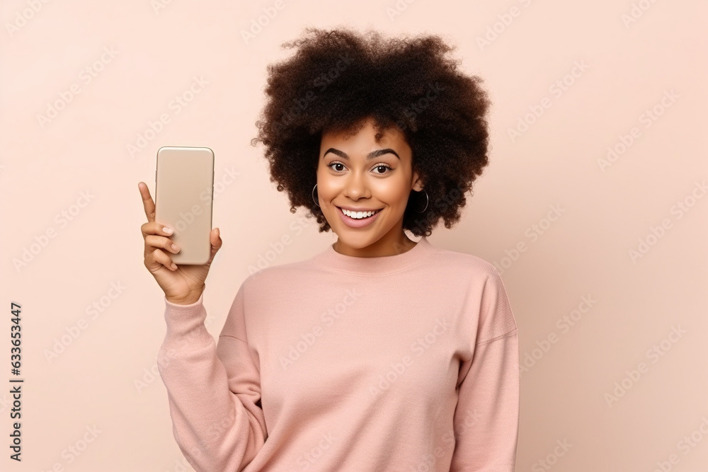 Happy African American teen student holding mobile cell phone pointing finger at smartphone mock up big screen template presenting application, using cellphone showing ad isolated on beige background. Happy African American teen student holding mobile cell phone pointing finger at smartphone mock up big screen template presenting application, using cellphone showing ad isolated on beige background.