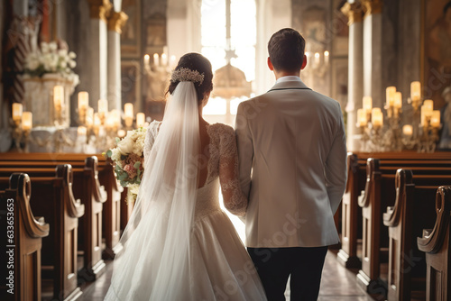 Wedding Couple in Love Back View walking down in Church. Newly Wedded Bride Groom in Window Door Light. Wedding Day Ceremony