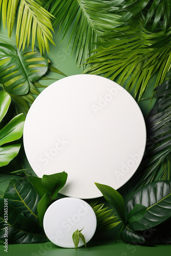 White round template podium mockup for natural organic cosmetic product presentation ad concept on green eco forest fresh leaves nature flat lay background, trendy stylish minimalist flatlay backdrop