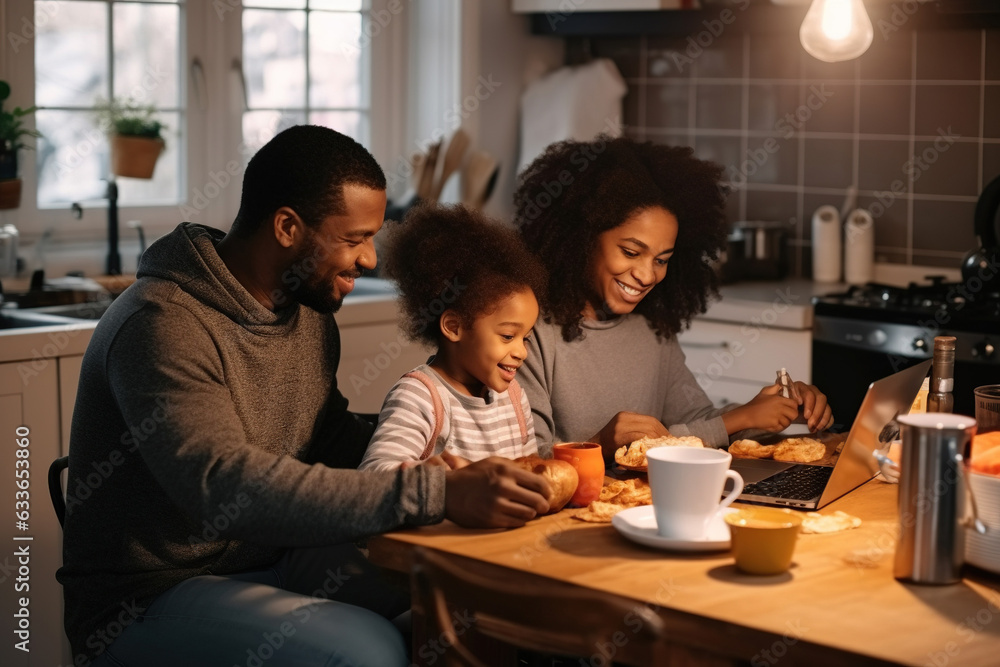 Young Black parent dad having morning breakfast with mixed race kids using laptop. Multiethnic family father and two children enjoying watching videos on computer sitting at kitchen table at home Young Black parent dad having morning breakfast with mixed race kids using laptop. Multiethnic family father and two children enjoying watching videos on computer sitting at kitchen table at home
