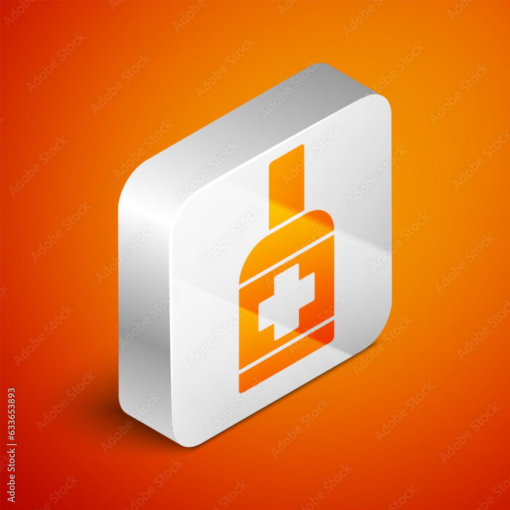 Isometric Bottle of liquid antibacterial soap with dispenser icon isolated on orange background. Antiseptic. Disinfection, hygiene, skin care. Silver square button. Vector. Isometric Bottle of liquid antibacterial soap with dispenser icon isolated on orange background. Antiseptic. Disinfection, hygiene, skin care. Silver square button. Vector.