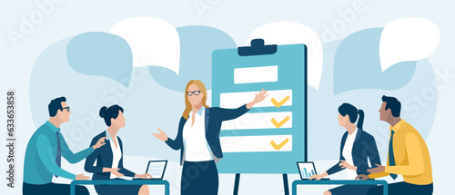 School, education, learning. Business illustration. The business team listens to the teacher. 