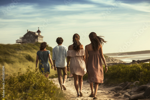 Young friends walking along a beach during summertime