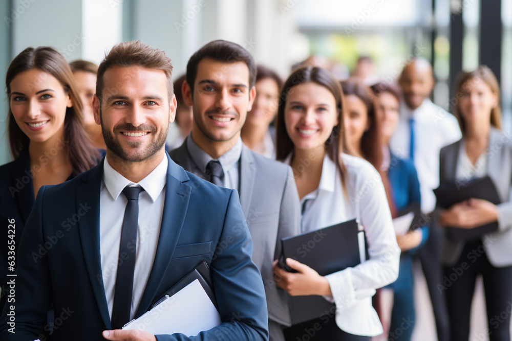 Cheerful job applicants standing in a waiting area Cheerful job applicants standing in a waiting area