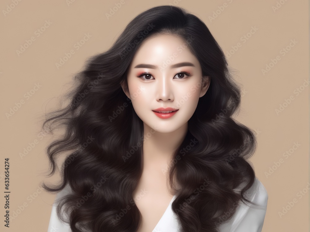 Fototapeta premium Young Asian beauty woman with korean makeup style. Perfect skin on isolated beige background.