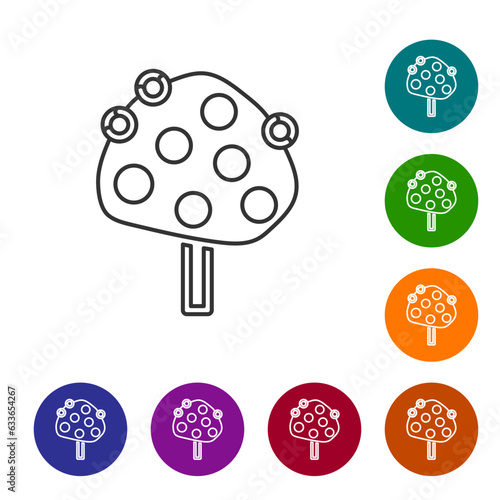 Black line Orange tree with fruits icon isolated on white background. Set icons in color circle buttons. Vector