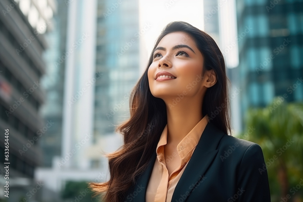 Confident rich eastern indian business woman executive standing in modern big city looking and dreaming of future business success Confident rich eastern indian business woman executive standing in modern big city looking and dreaming of future business success