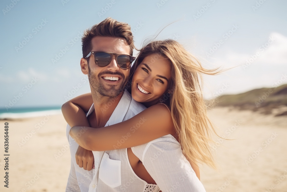 Couple enjoys a piggyback ride at the beach in summer Couple enjoys a piggyback ride at the beach in summer