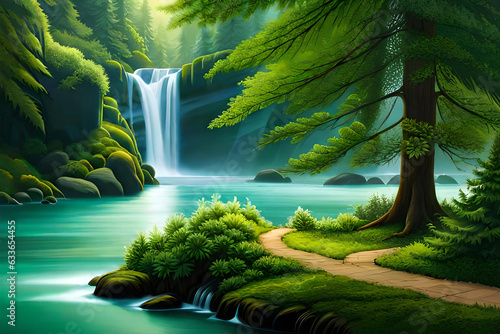 Enchanting green forest with a tranquil waterfall. Generative AI