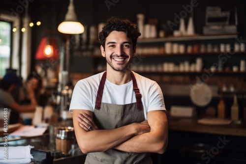 Barista in apron looking at camera and smiling