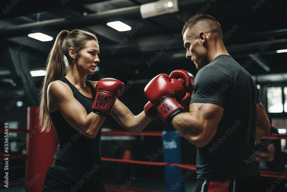 Female boxer training with a coach in a gym