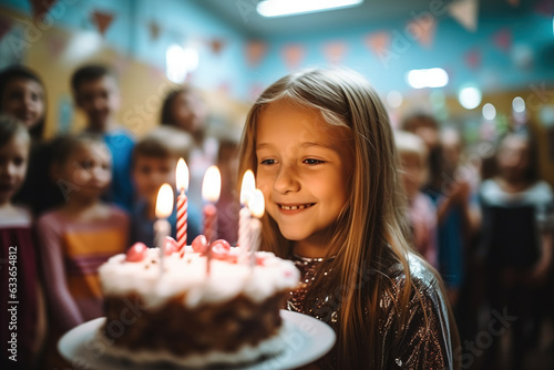 Female student blows a candle on her birthday. Party celebration in primary school