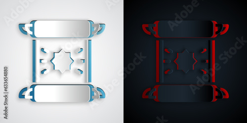 Paper cut Decree, paper, parchment, scroll icon icon isolated on grey and black background. Paper art style. Vector