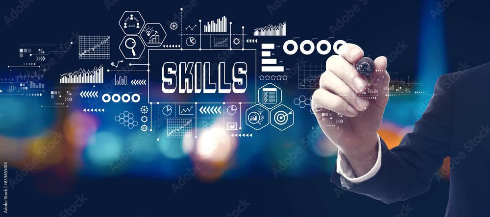 Skills theme with businessman in a city at night Skills theme with businessman in a city at night