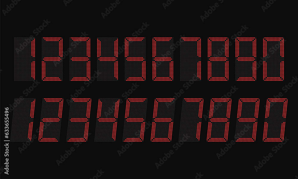 Fototapeta premium Electronic figures. Digital glowing numbers. LCD numbers for a electronic devices. Vector illustration.