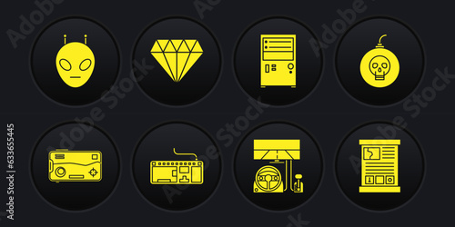 Set Mobile and playing in game, Bomb ready to explode, Computer keyboard, Racing simulator cockpit, Diamond, Game guide and Alien icon. Vector