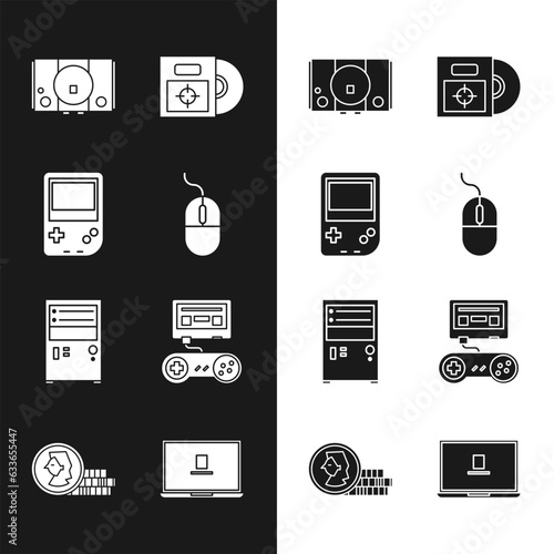 Set Computer mouse, Portable video game console, Video, CD DVD disk in box, Game with joystick, Laptop and Coin for icon. Vector