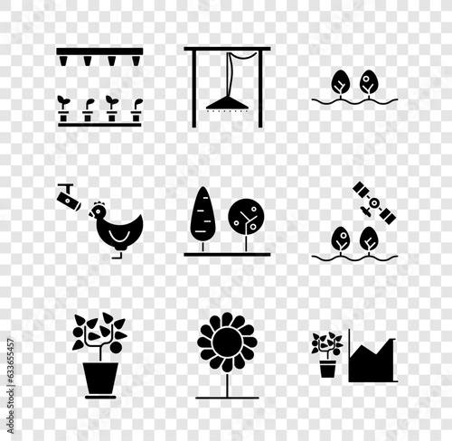 Set Automatic irrigation sprinklers, Plant, pot, Flower, statistics, Chicken farm and camera and Trees icon. Vector