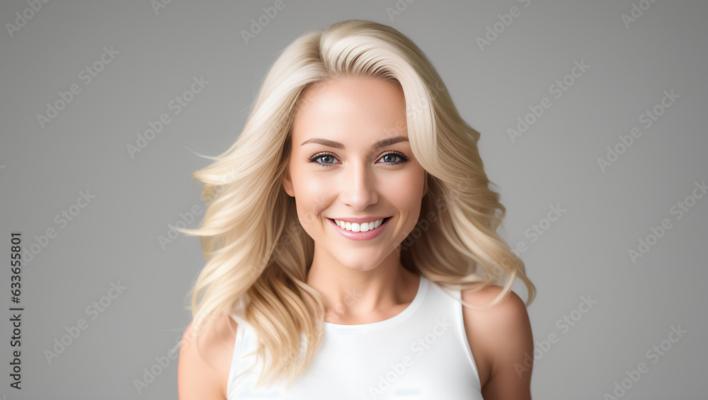 Portrait of happy woman with blond hair. Natural background with copy space. Generative AI. Portrait of happy woman with blond hair. Natural background with copy space. Generative AI.