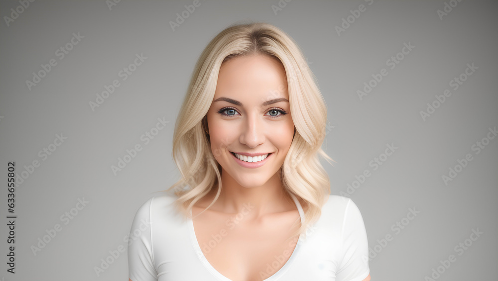 Cheerful female with blonde hair looking at camera on isolated background with mockup. Generative AI. Cheerful female with blonde hair looking at camera on isolated background with mockup. Generative AI.