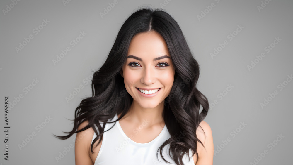 Smiling female with black hair looking at camera on isolated background with mockup. Generative AI. Smiling female with black hair looking at camera on isolated background with mockup. Generative AI.