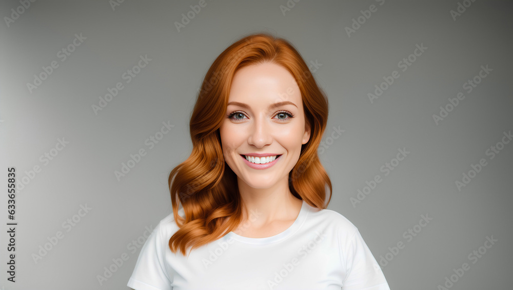 Portrait of cheerful female with red hair looking at camera on isolated background with mockup. Generative AI. Portrait of cheerful female with red hair looking at camera on isolated background with mockup. Generative AI.