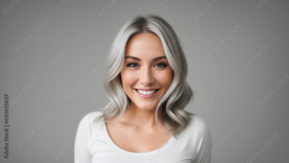 Portrait of adult woman with silver hair. Natural background with copy space. Generative AI. Portrait of adult woman with silver hair. Natural background with copy space. Generative AI.