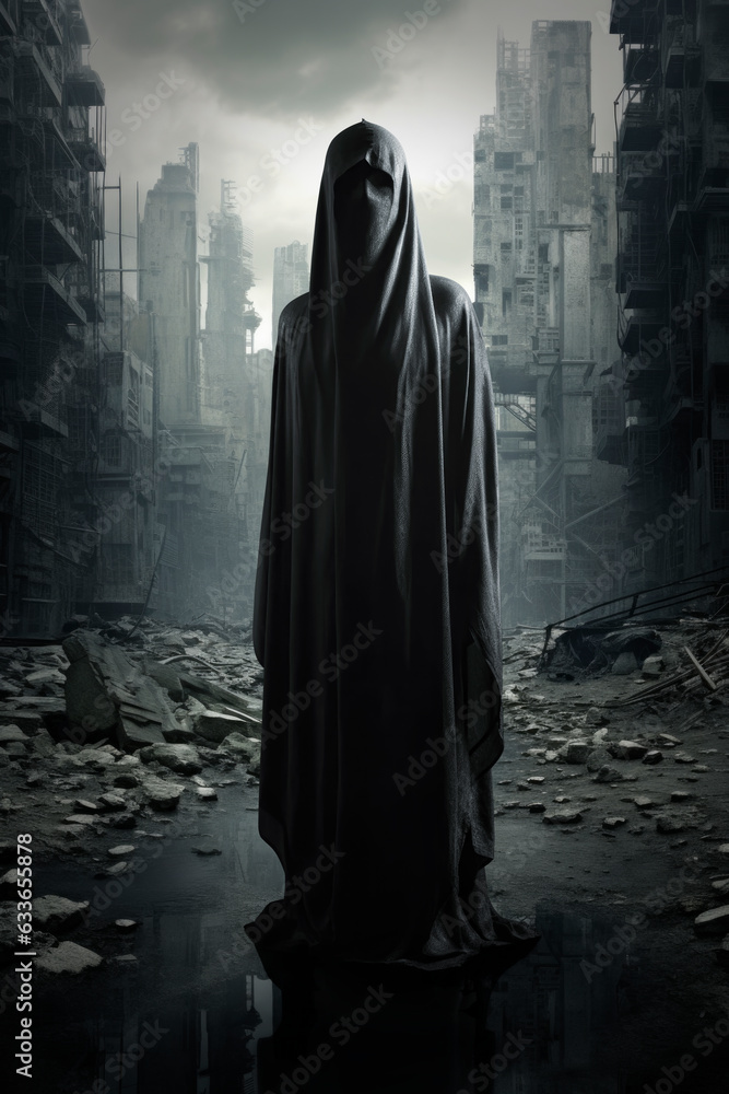 Grim reaper in black cloth standing over destroyed building in city with debris and collapsing, Ghost city Grim reaper in black cloth standing over destroyed building in city with debris and collapsing, Ghost city