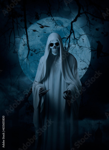 Ghost evil spirit standing over cross, church, crow, birds, dead tree, full moon and cloudy spooky sky, Halloween mystery concept
