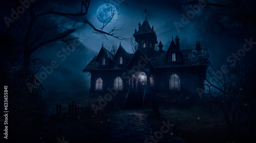 Creepy haunted house in mystery forest, Halloween background