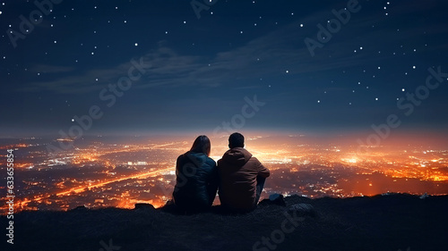 A silhouette of a couple sitting on the top of a hill and watching a night city skyline below  under a dark starry sky. Image created with Generative AI