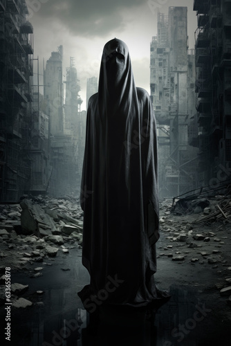 Grim reaper in black cloth standing over destroyed building in city with debris and collapsing, Ghost city