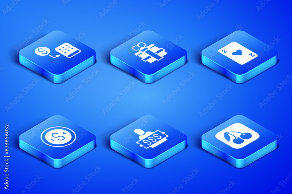 Set Slot machine with cherry, Casino chips exchange, Winner holding prize ticket, Coin money dollar, Gift box and Playing card heart icon. Vector Set Slot machine with cherry, Casino chips exchange, Winner holding prize ticket, Coin money dollar, Gift box and Playing card heart icon. Vector