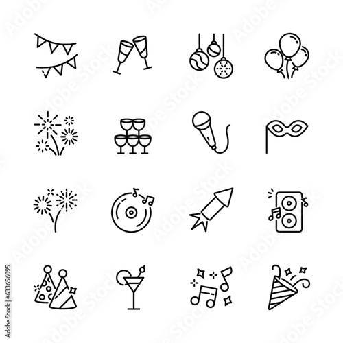 christmas, new year , happy celebration, party thin line icons set, such as music, gift, firework, confetti, food and wine. isolated vector illustration