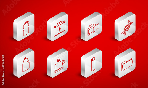 Set line Folder, Car battery, Cinema camera, DNA symbol, Lighter, Sport bottle with water, Coffee cup and Household chemicals icon. Vector