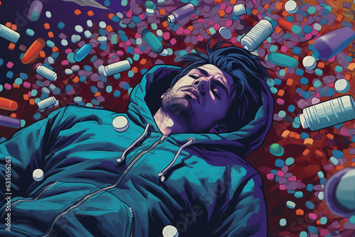 Illustration of man junkie with pills and drugs around photo