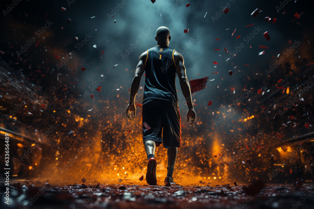 backside view at basketball player stands with clouds and dark background, destination concept backside view at basketball player stands with clouds and dark background, destination concept