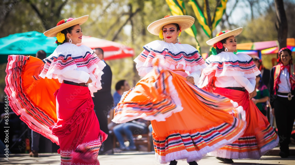 Colorful skirts fly during traditional Mexican dancing. 