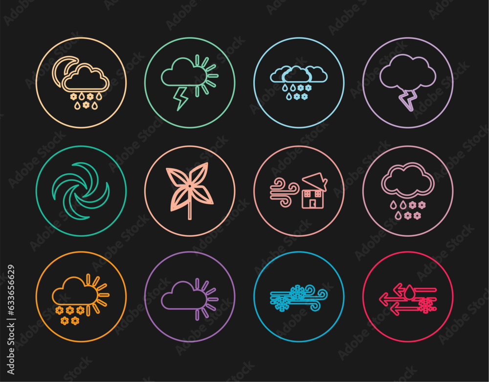 Set line Wind and rain with snow, Cloud, Pinwheel, Tornado, rain, moon, swirl and Storm icon. Vector Set line Wind and rain with snow, Cloud, Pinwheel, Tornado, rain, moon, swirl and Storm icon. Vector