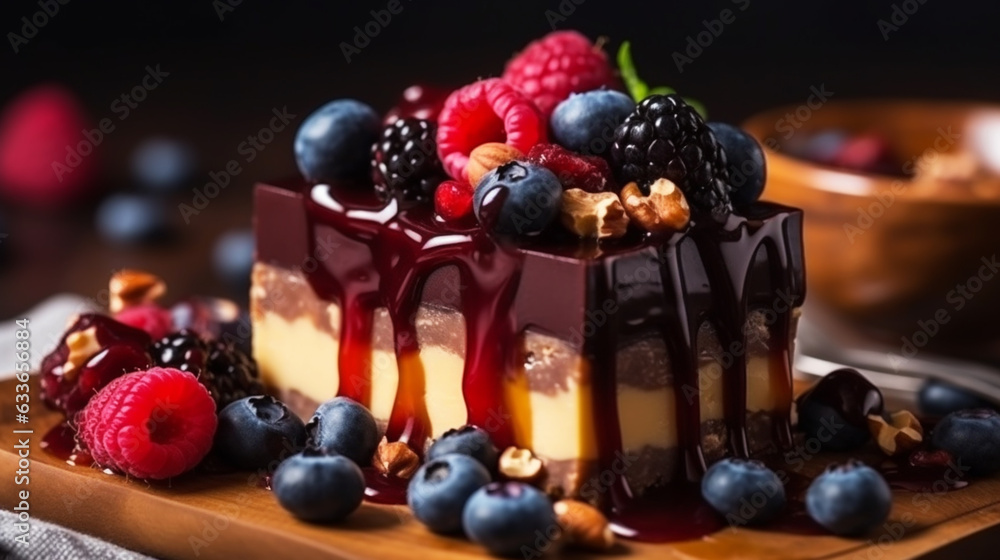 Tasty appetizing chocolate cake served with chocolate. 
