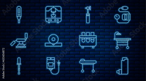 Set line Inhaler, Operating table, Medical otoscope tool, Otolaryngological head reflector, dental chair, digital thermometer, Test tube and flask and X-ray machine icon. Vector