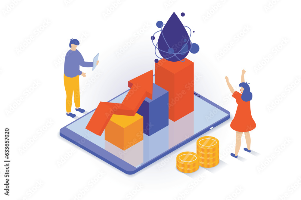 Oil industry concept in 3d isometric design. People analyzing data growth of selling petroleum and other petrochemical product at global market. Vector illustration with isometry scene for web graphic